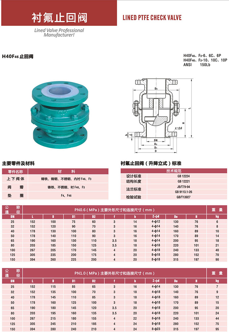 H40F46襯氟止回閥 H40F46襯氟止回閥